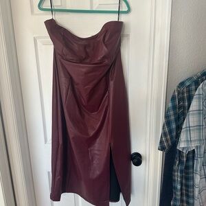 Burgundy Strapless Faux Leather Dress